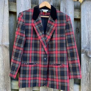Vintage Sellecca Tweed Plaid Blazer Jacket Velvet collar Pockets Red Bla…